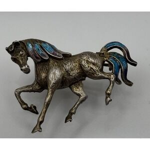 Vintage Prancing Horse Brooch With‎ Purple Blue Enamel 800 Silver